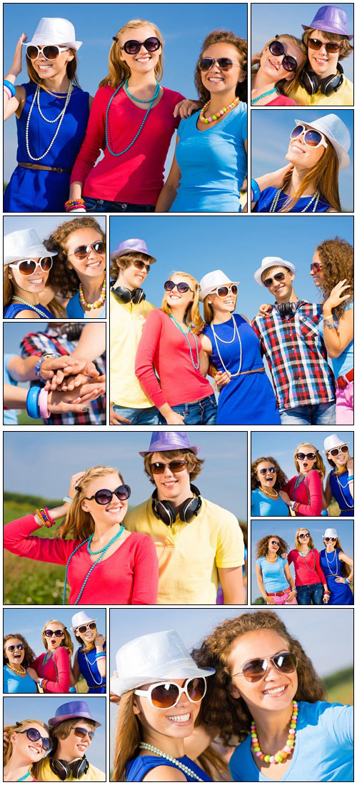 Group of young people in sunglasses and hat - Stock Photo