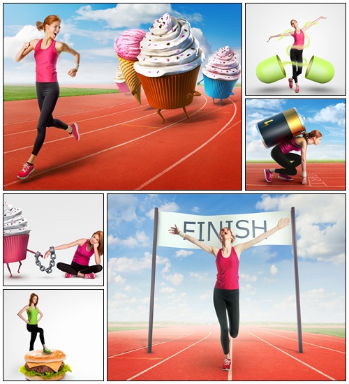Woman running away from sweets - Stock Photo