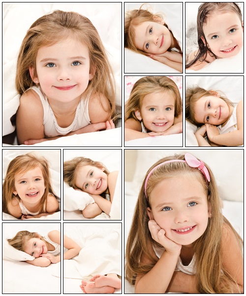 Little girl awaked up in her bed - Stock Photo