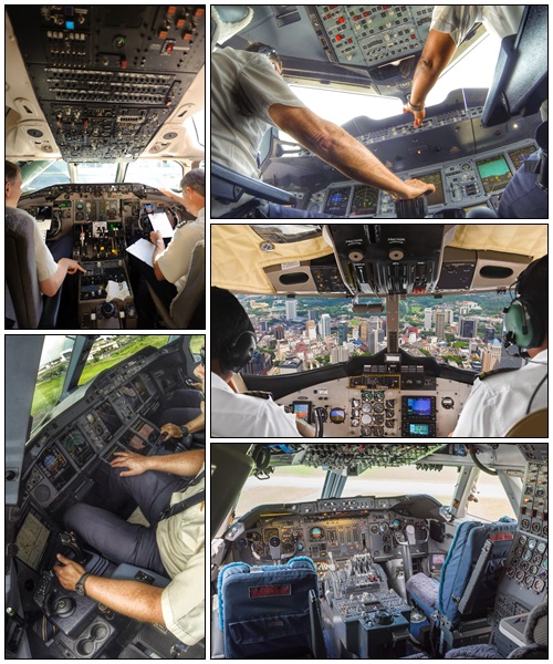 Pilots in the plane cockpit and city - Stock Photo