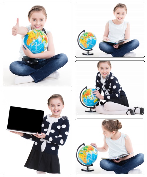 Portrait of a cute little girl with a globe and laptop - stock photo