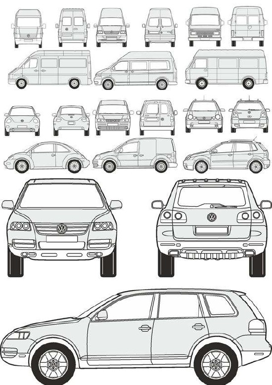 Автомобили Volkswagen - векторные отрисовки в масштабе