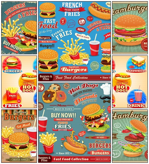 Vintage Fast food poster set design - vector stock
