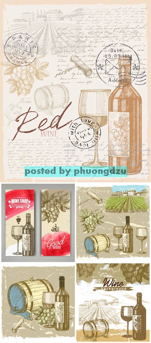 Wine and grapes, backgrounds vector 2