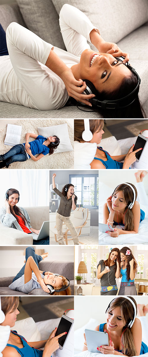 Stock Images Portrait of beautiful girl listening to music with tablet on sofa at home