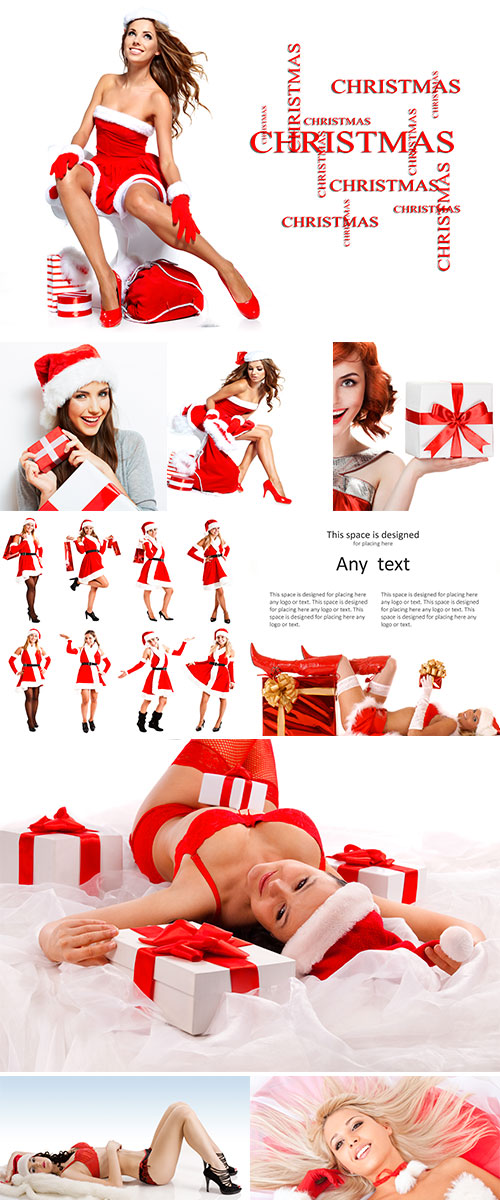 Stock Photo Beautiful girl wearing santa claus clothes with christmas gift