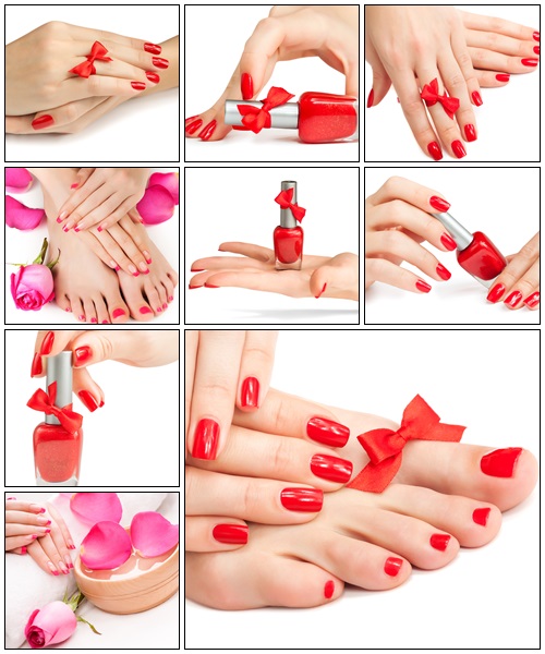 Woman's hand with a bottle of red nail polish - Stock Photo
