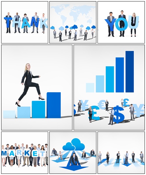 Business People Working and Arrow Sign Beneath - Stock Photo