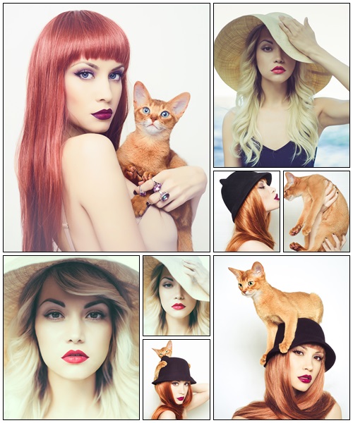 Beautiful lady with Abyssinian cat - Stock Photo