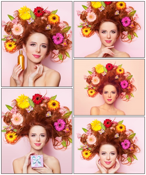Beautiful redhead girl with flowers on pink background - Stock Photo