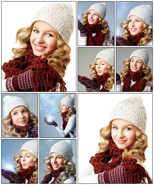 Cheerful woman clothing in warm hat - Stock Photo
