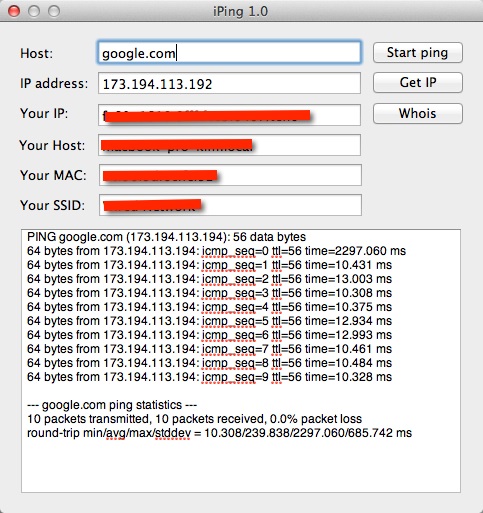 iPing: как узнать свой MAC-адрес, IP-адрес и пропинговать любой сайт в Mac OS X