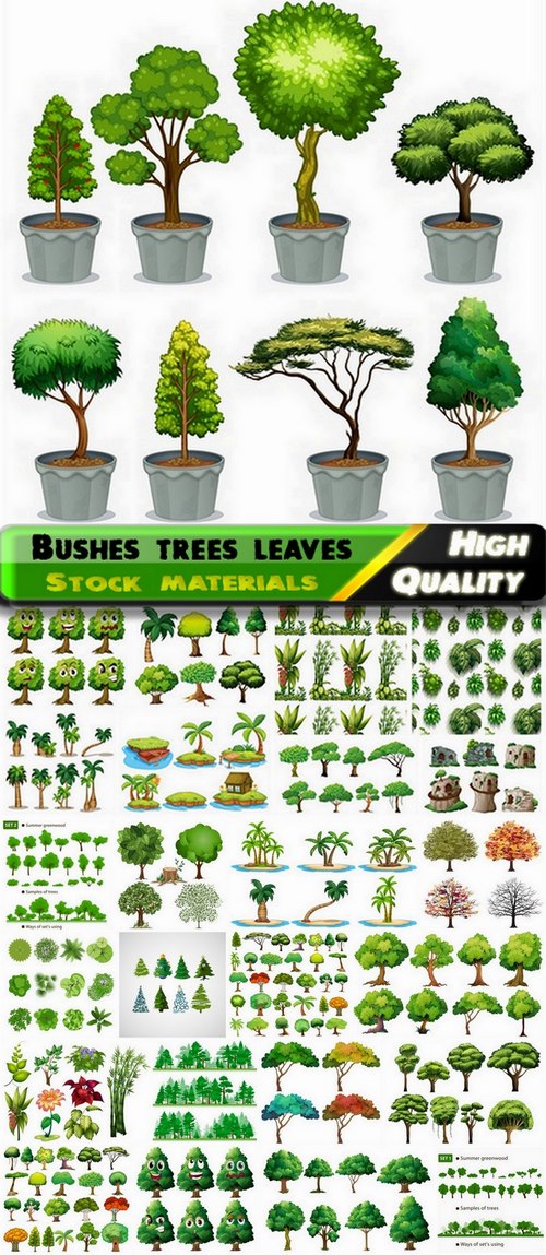 Bushes trees leaves and grass illustrations - 25 Eps