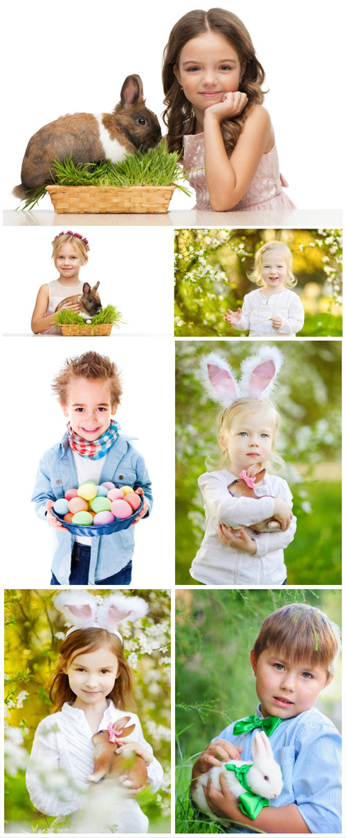 Little children and easter bunnies - Stock Photo