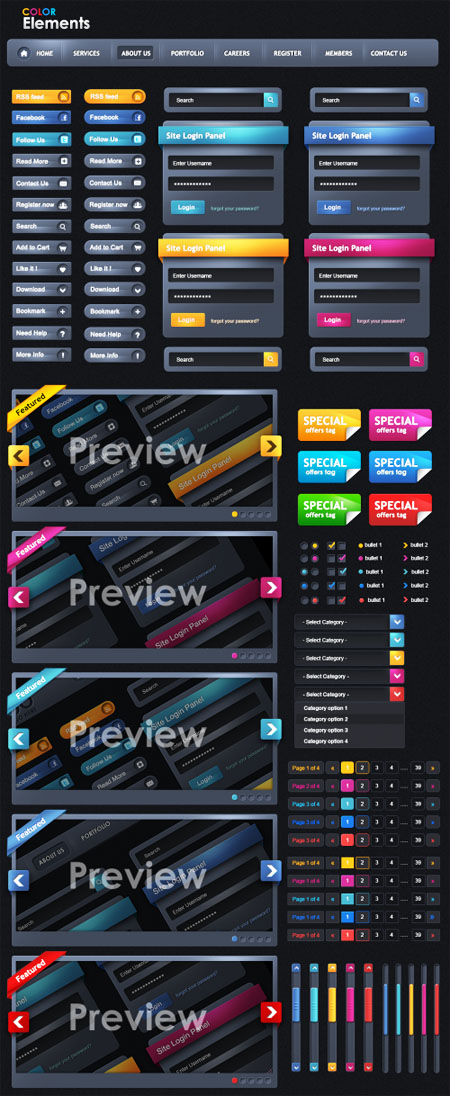 Color Web Elements UI PSD (5 Colors)